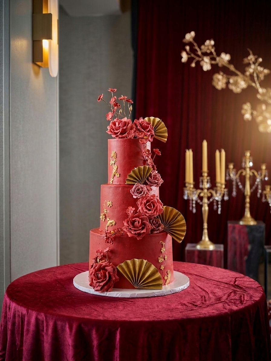 Red and Gold wedding cake · Red and Gold Asian wedding cake