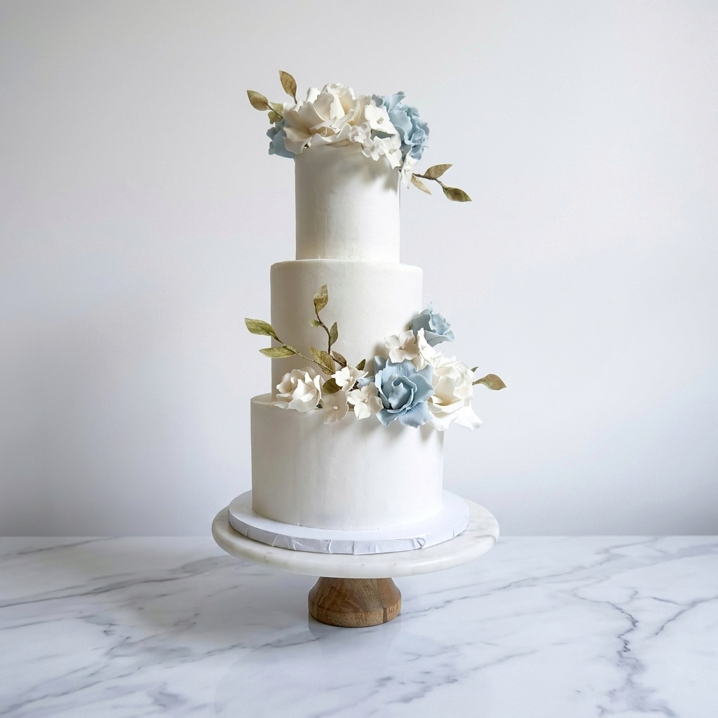 Dusty blue and white florals · Three tier wedding cake